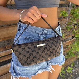Gucci Brown GG Monogram Wristlet Clutch with Gold Accent